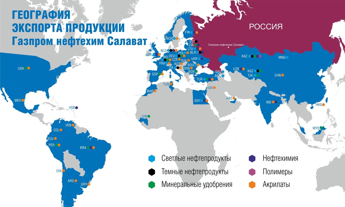 География экспорта продукции ООО «Газпром нефтехим Салават»